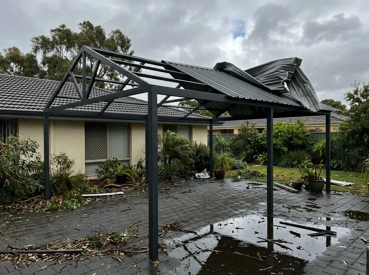 A storm damaged patio at a Perth home, the roof sheets peeled back off the standing frame and buckled at one end, with debris and standing water across the paving below