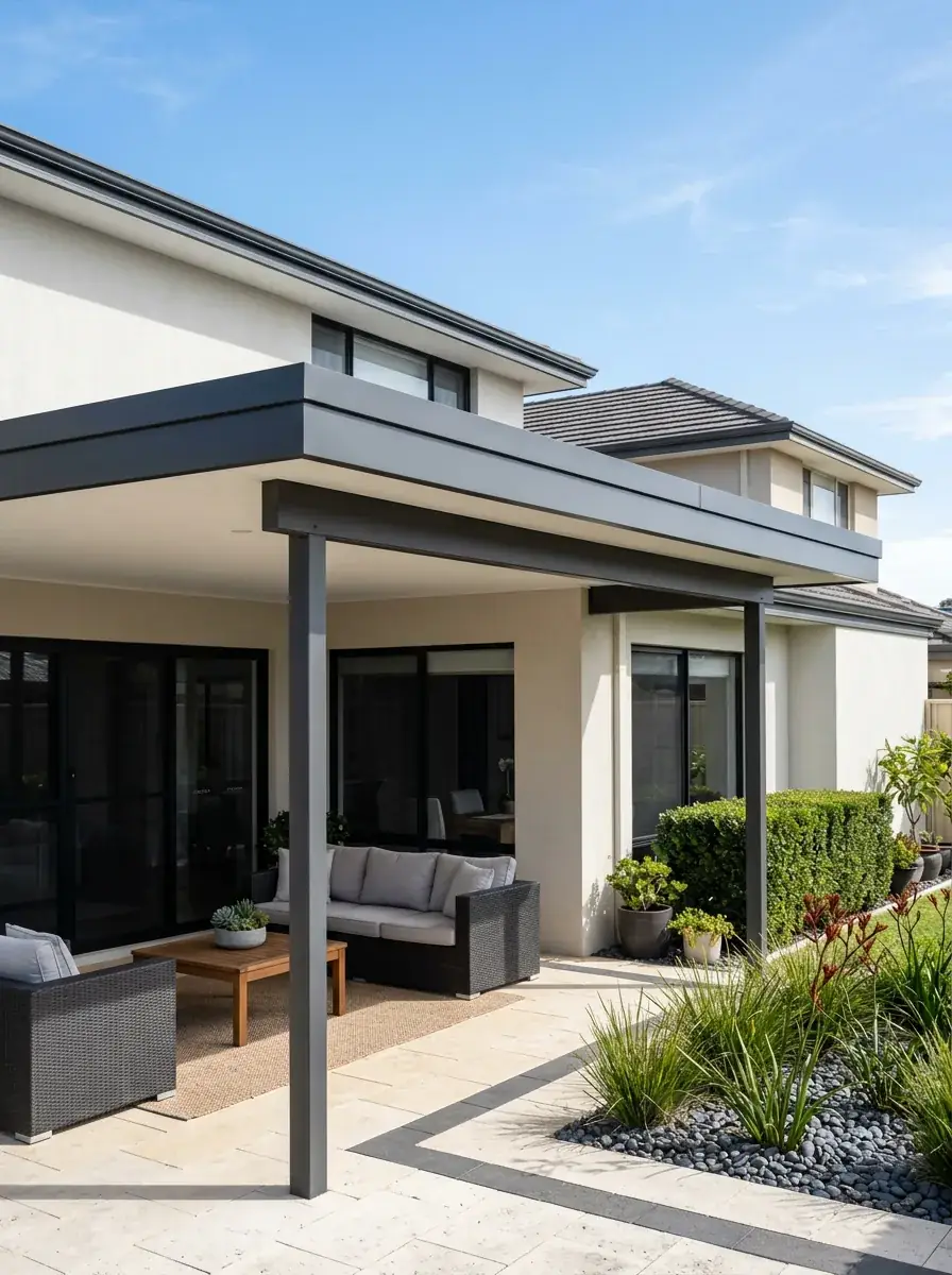 Colorbond flat patio roof in Monument over a Perth backyard, low horizontal roofline with square steel posts and a deep front gutter