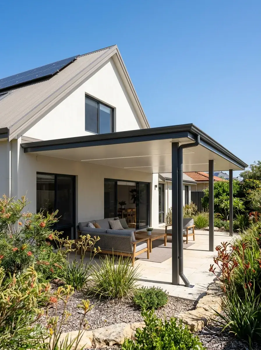 Cooldek insulated flat patio roof in Perth with a corrugated Colorbond top skin matching the house roof above a low horizontal roofline