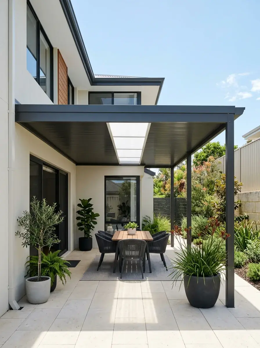 Opal polycarbonate daylight strip set into a Colorbond flat patio roof in Perth, soft light falling on paving beneath the flat roofline