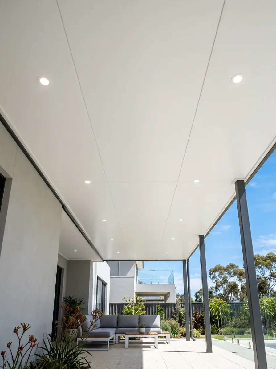 Underside of a SolarSpan insulated flat patio roof in Perth showing a clean white panel ceiling with recessed downlights and no purlins